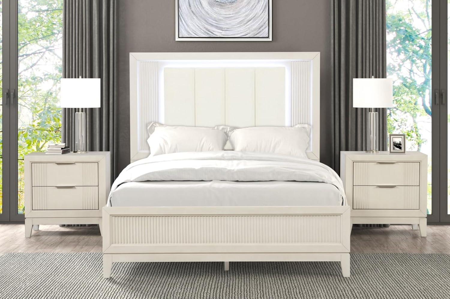MASARA 3-Piece Transitional Bedroom Set, Antique White, King or Queen Bed with 2 Nightstands, Fluted Design, Birch Veneer and Solid Wood Construction (Queen)