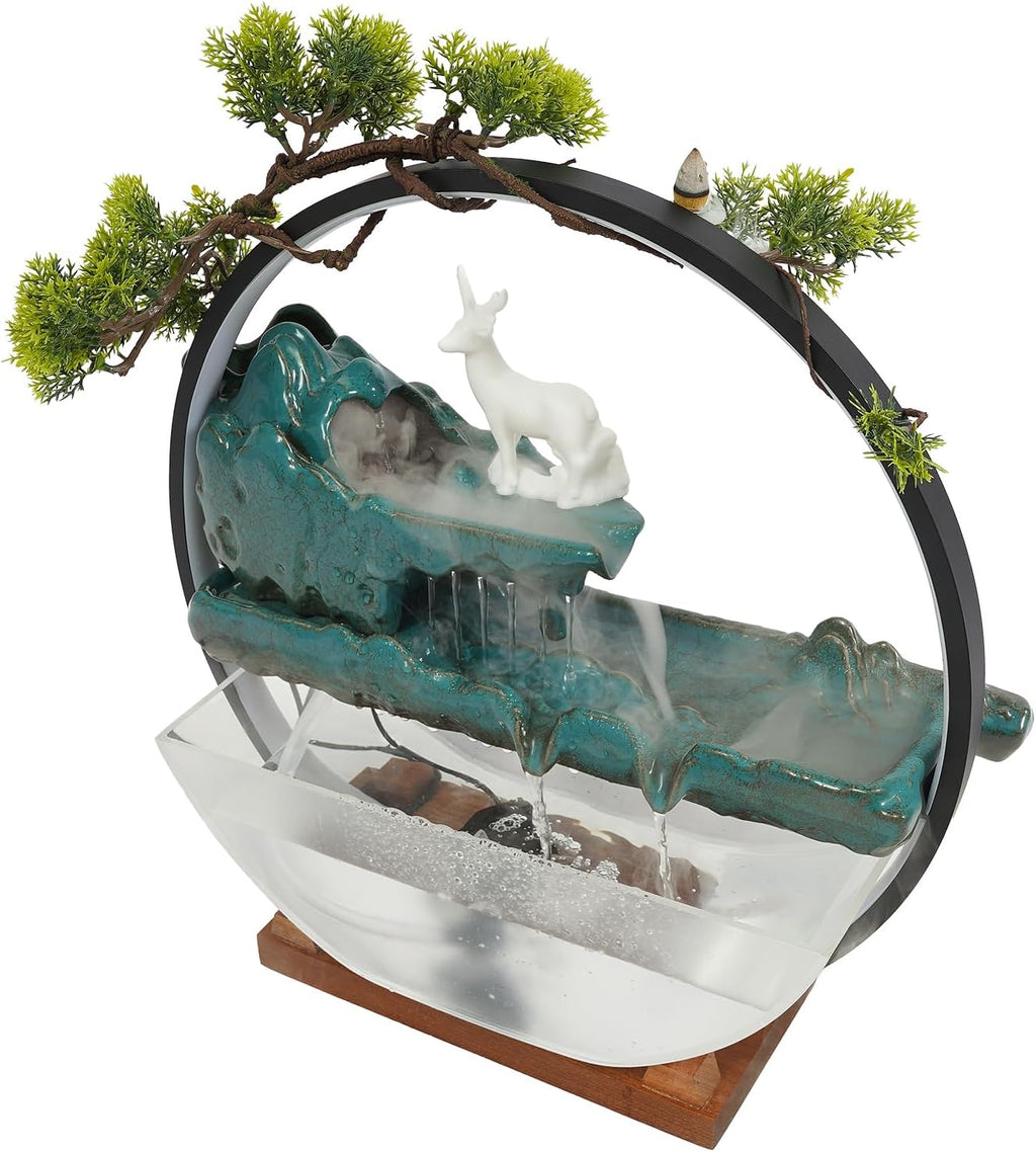 Tabletop Water Fountains, Indoor Waterfall with Round LED Light & Mist Maker & Fish Tank, Water Feature Feng Shui Decor for Meditation Entrance, L17.3*D5.3*H16.5in