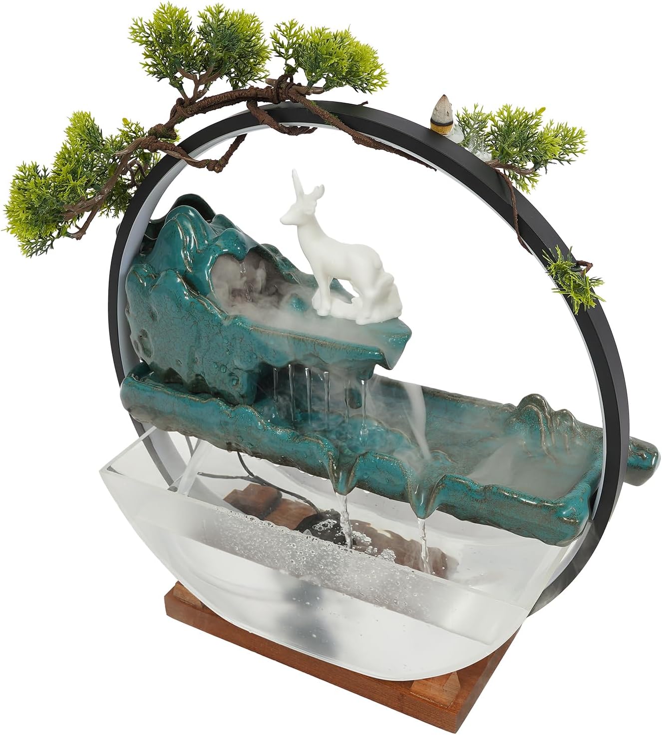 Tabletop Water Fountains, Indoor Waterfall with Round LED Light & Mist Maker & Fish Tank, Water Feature Feng Shui Decor for Meditation Entrance, L17.3*D5.3*H16.5in