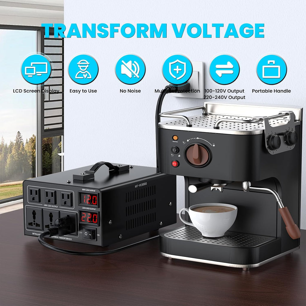 6000W Voltage Converter Transformer(110V to 220V or 220V to 110V) Step Up/Down Converter 110/120 Volt - 220/240 Volt w/US Power Cord,Circuit Breaker Protection, LCD Screen Display