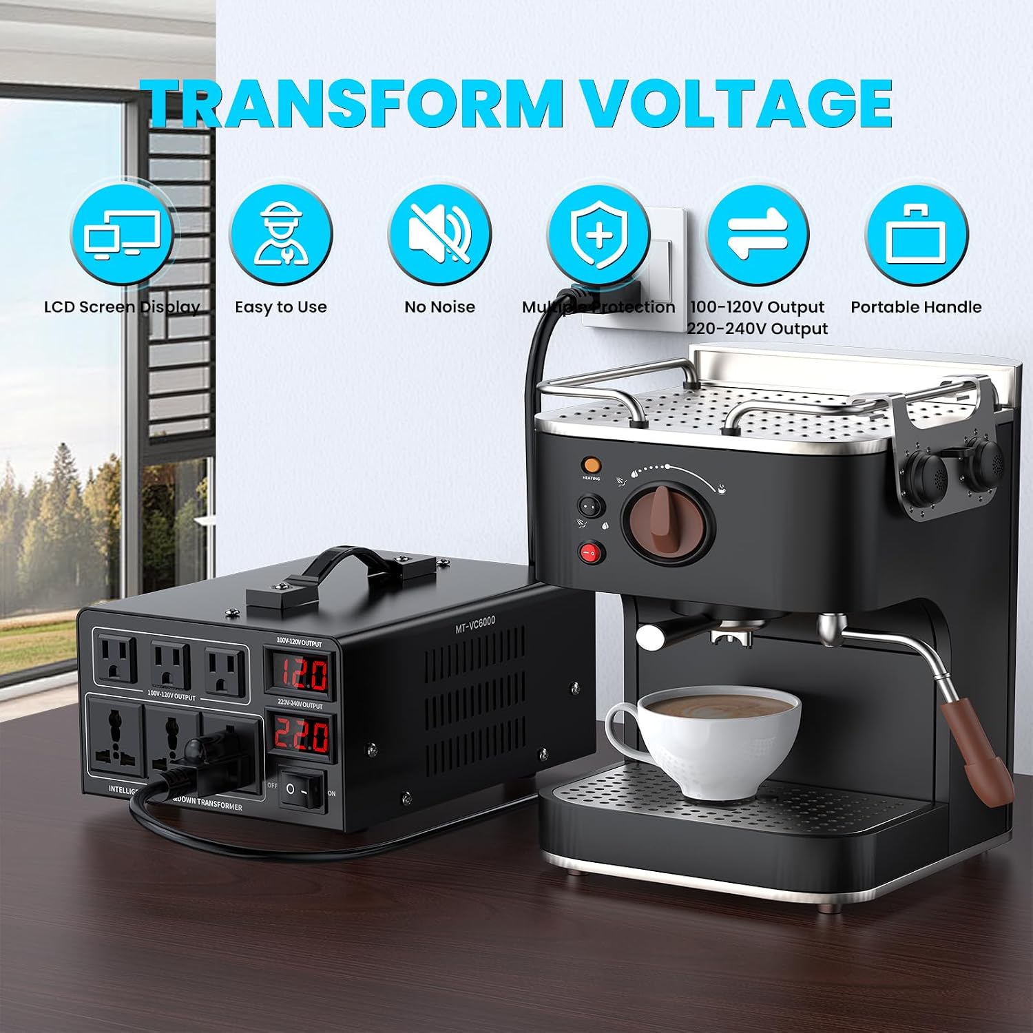 6000W Voltage Converter Transformer(110V to 220V or 220V to 110V) Step Up/Down Converter 110/120 Volt - 220/240 Volt w/US Power Cord,Circuit Breaker Protection, LCD Screen Display