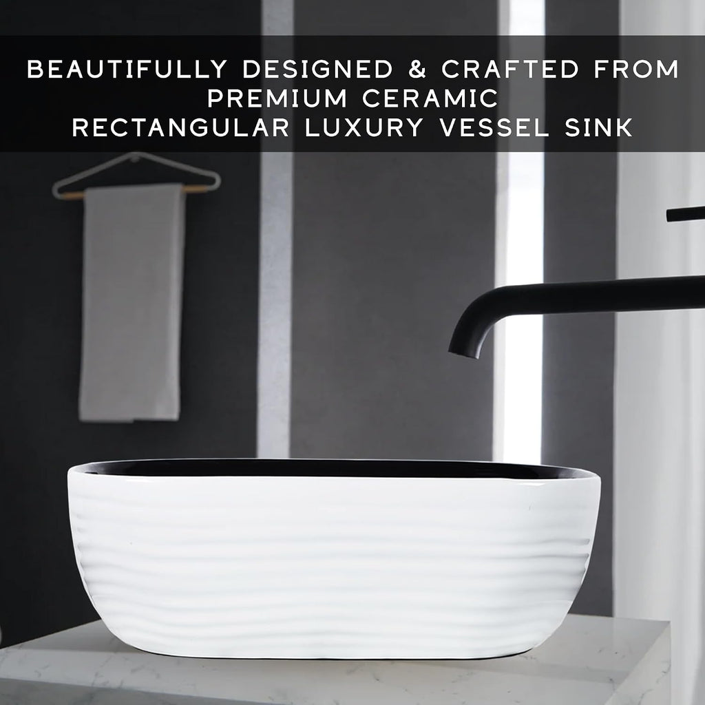 Strictly Sinks 18 Inch Rectangular Vessel Sink - Modern Ceramic Countertop Bathroom Sink – Easy to Install Above Counter Luxurious Bathroom Vessel Sink (18-3/8″ W x 13″ L x 5-5/16″ H)