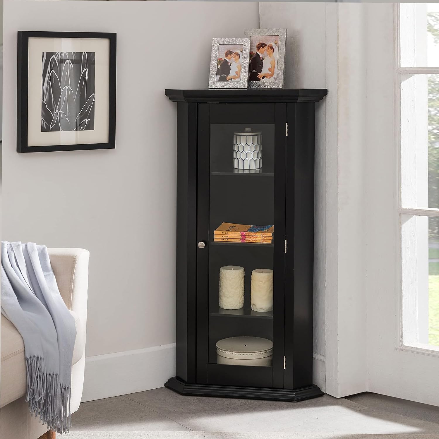 Kings Brand Furniture - Corner Curio Storage Cabinet with Glass Door, Black Finish
