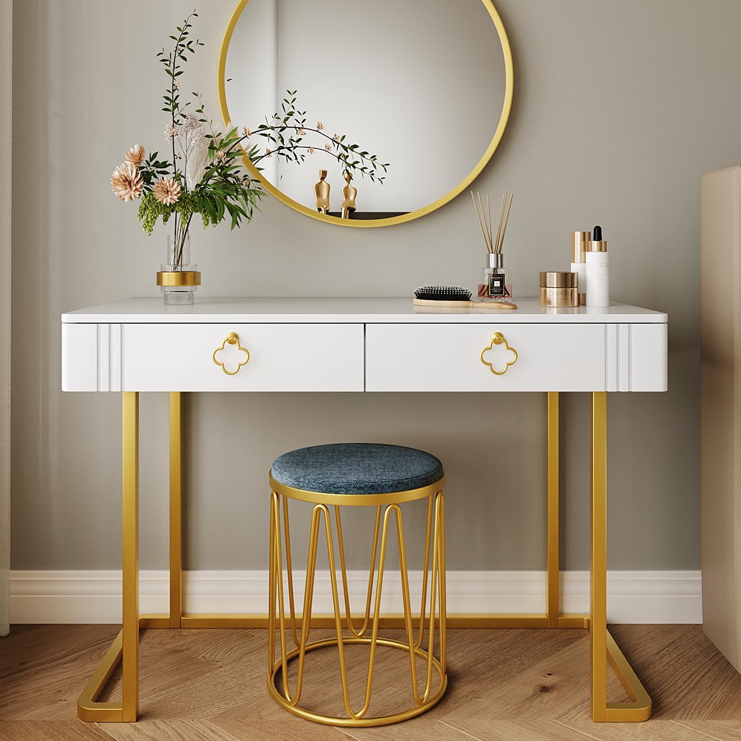 Tamworth Design White Vanity Desk with 2 Drawers, Gold and White Desk,Home Office Desk Modern Makeup Vanity Table, Entryway Console Table, Sofa Table (Deluxe Leg)