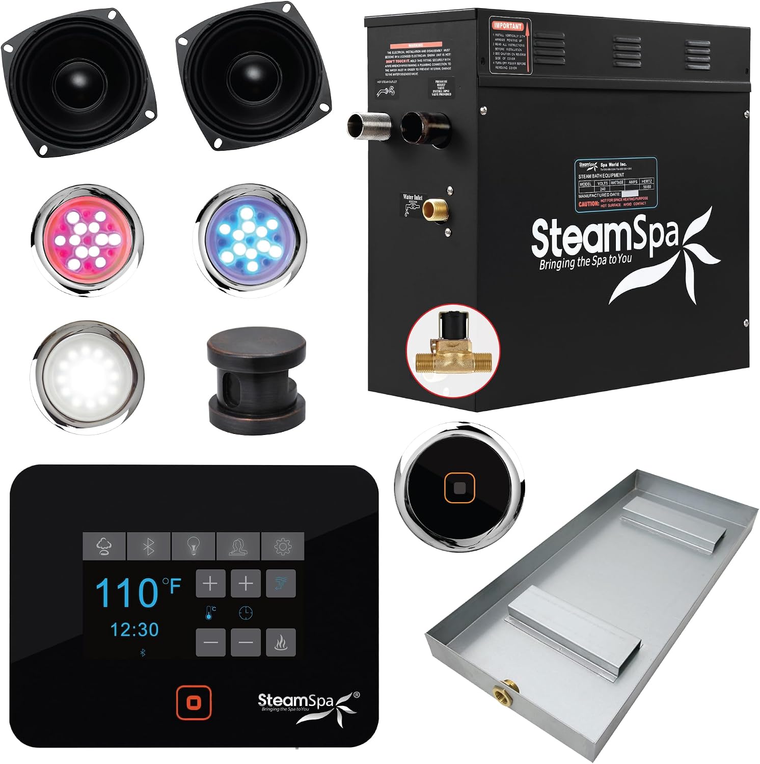 Generator with Quick Start Continuous Steam Technology, Wi-Fi, Bluetooth and Autodrain | 4.5kW Steam Generator with Oil Rubbed Bronze Steam Head with Aromatherapy Reservoir | RVB450ORB-A