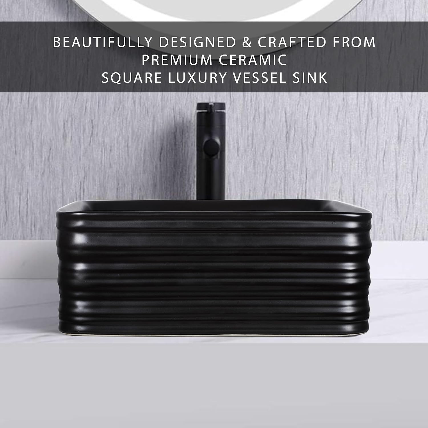 Strictly Sinks 16 Inch Square Black Vessel Sink - Modern Ceramic Countertop Bathroom Sink – Easy to Install Above Counter Luxurious Bathroom Vessel Sink (15-3/4″ W x 15-3/4″ L x 5-5/8″ H)