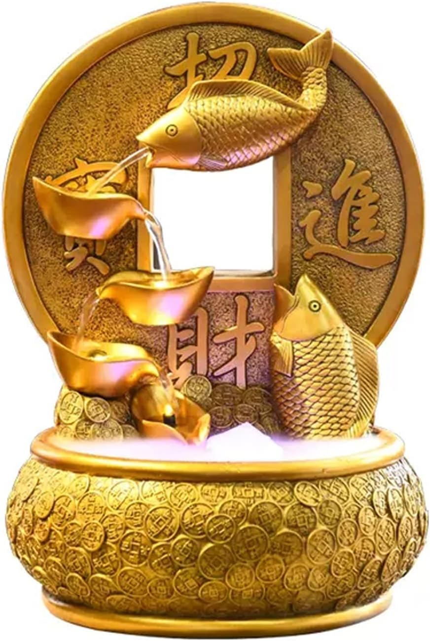 Tabletop Fountain Golden Koi Fish Desktop Fountain Waterfall Decoration with Light Portable Tabletop Decorative Fortune and Good Luck Meditation for Office Living Room Craft(Large)