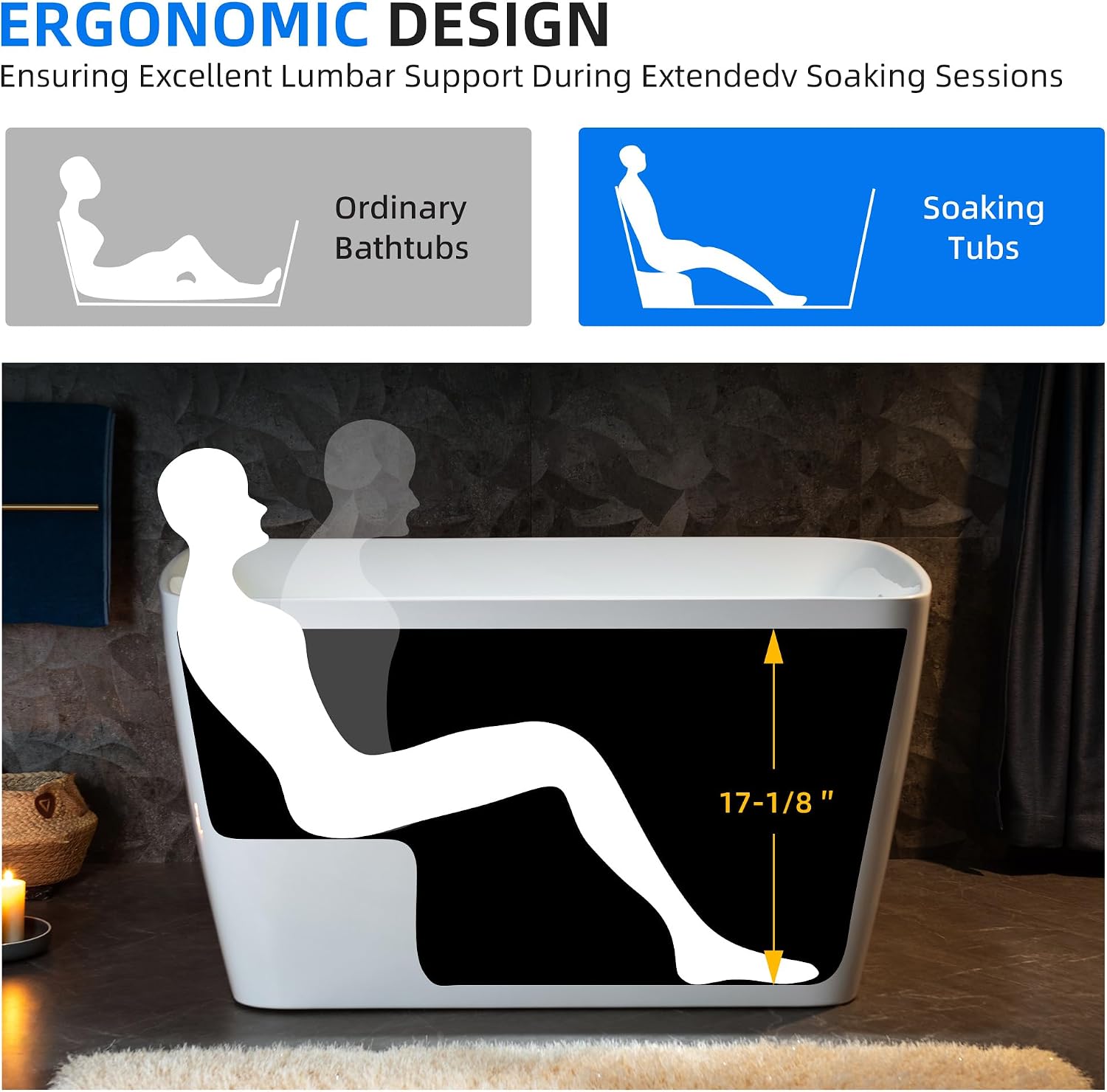 WOODBRIDGE 48' Acrylic Freestanding Square Shape Janpanese Soaking Tub with Pre-molded Seat and Chrome Pop-UP Drain and Overflow Option, Black, B1870