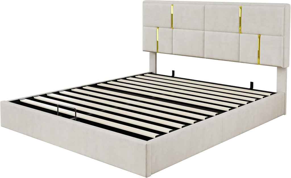 GDFStudio 2-Piece Furniture Set with Queen Size Upholstered Platform Bed with Hydraulic Storage System and Velvet Storage Ottoman with Gold Metal Legs,Modern Bed Frame,Mattress not Included,Beige