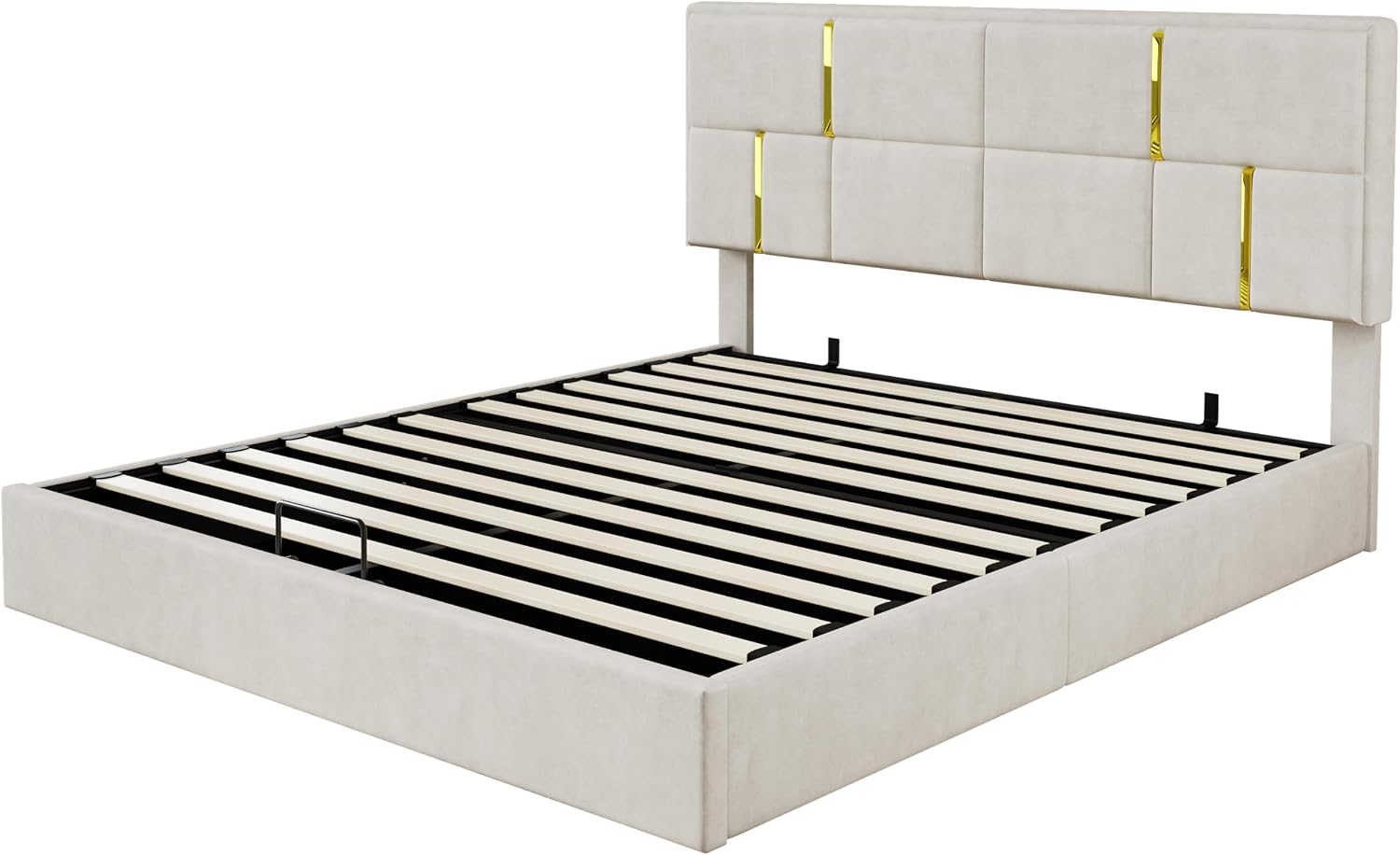 GDFStudio 2-Piece Furniture Set with Queen Size Upholstered Platform Bed with Hydraulic Storage System and Velvet Storage Ottoman with Gold Metal Legs,Modern Bed Frame,Mattress not Included,Beige