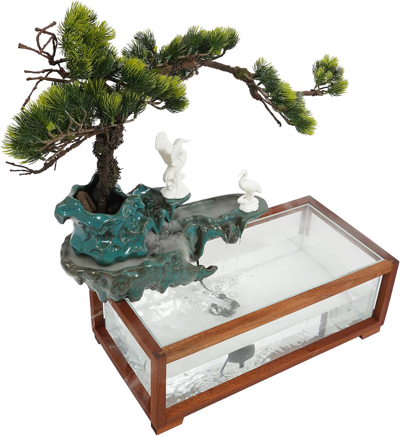Antique Style Tabletop Water Fountain with Fish Tank & Atomizer, Indoor Ceramic Desktop Fountain with LED Light, Waterfall Feng Shui Zen Meditation Indoor Fountains for Home & Office