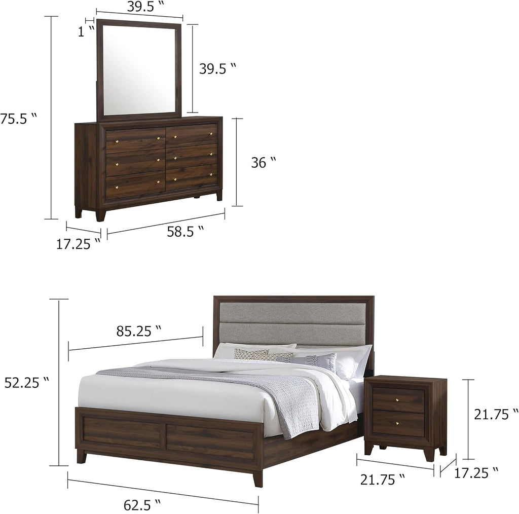Benzara Yels 4 Piece Queen Bedroom Set, Gray Upholstery, Walnut Brown Wood