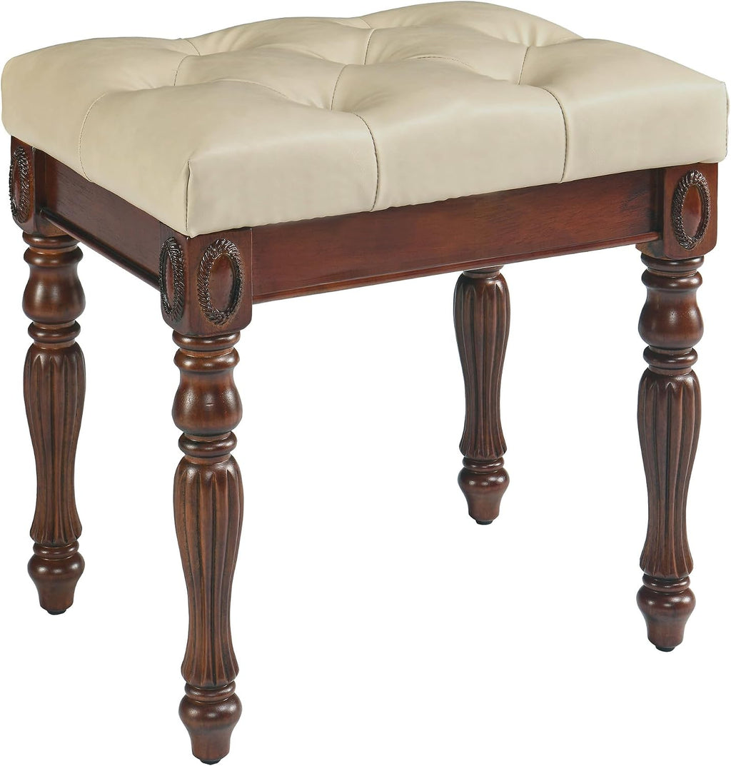 Solid Wood Makeup Vanity Table Set, 46.1' Large Dressing Vanity Table with 2 Drawers and Vanity Bench Stool Writing Desk with Solid Wood Legs & Button Tufted Cushioned Stool, Cherry&Beige