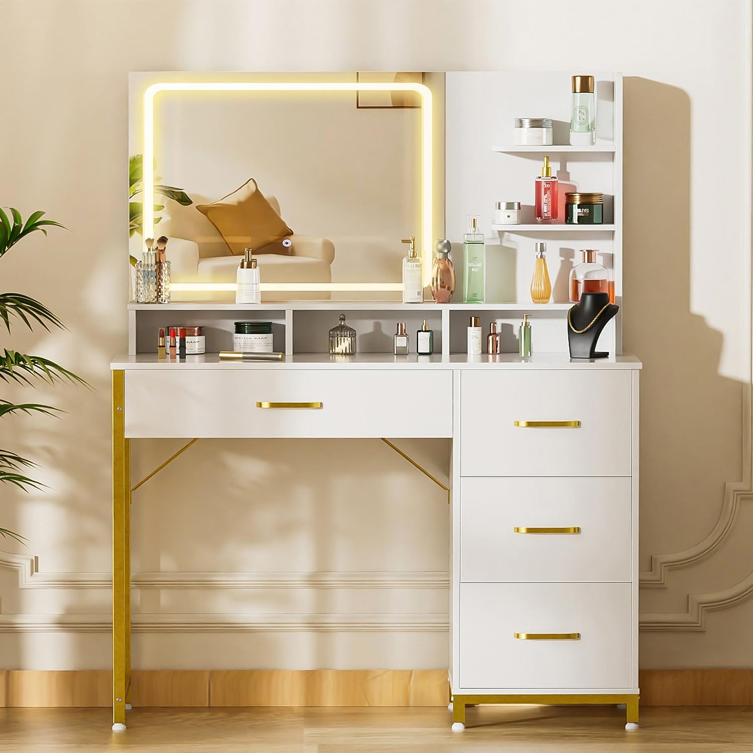 COMHOMA Vanity Desk with Mirror and Lights, Makeup Vanity Table with 4 Drawers & Storage Shelves, Large HD Mirror, 3 Color Modes & Adjustable Brightness, Modern Dressing Table for Bedroom, Pearl White