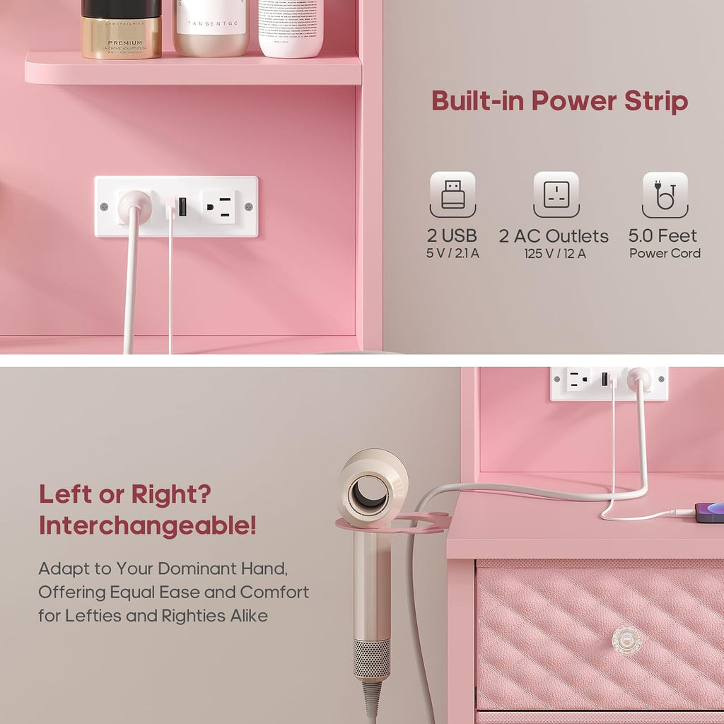 HAUOMS Pink Vanity with Lights and Mirror, 11 Drawer Makeup Vanity with Power Strip, 6 Open Shelves, 43.3' Vanity Desk with Storage, Dressing Table with 3 Color Modes for Bedroom, Women, Girls (Pink)
