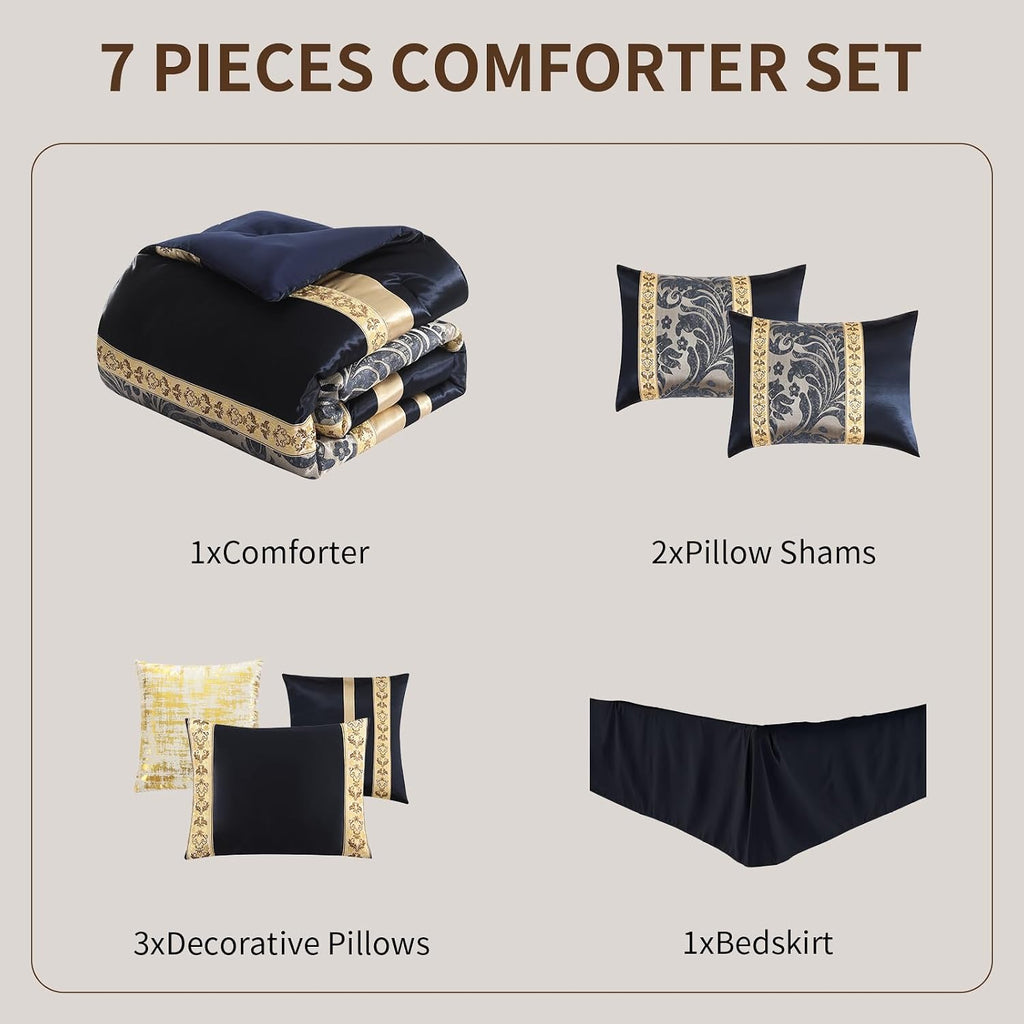SahSahCasa 7-Piece Luxury California King Comforter Set, Cal King Comforter, Bed in a Bag California King, Jacquard Fluffy Comforter Bedding Set with Bedskirt, Pillows, Down-Alternative, Navy/Gold
