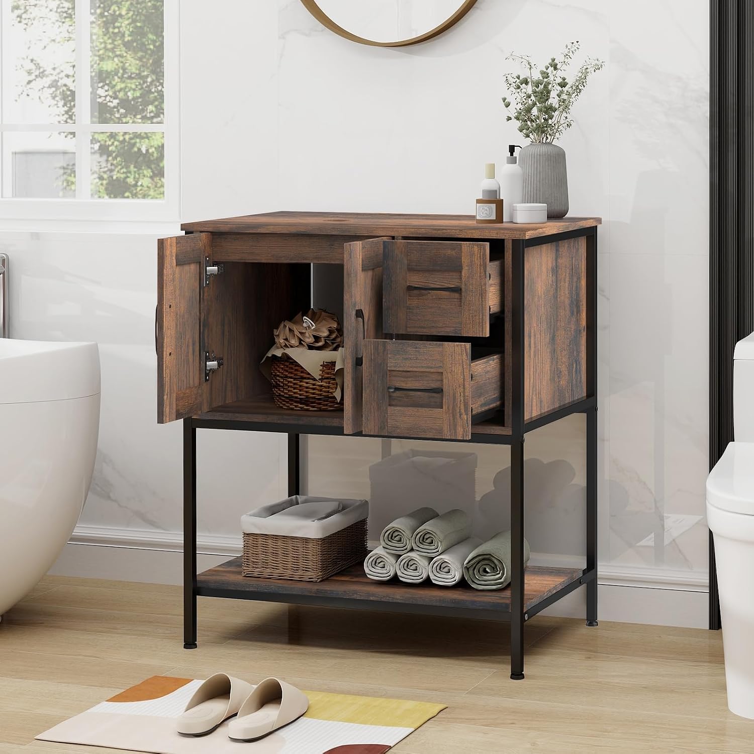YOURLITE Bathroom Vanity, 30' Farmhouse Bathroom Vanity with Sink Combo Set, Rustic Brown Modern Wood Cabinet with Black-White Gradient Boat Sink