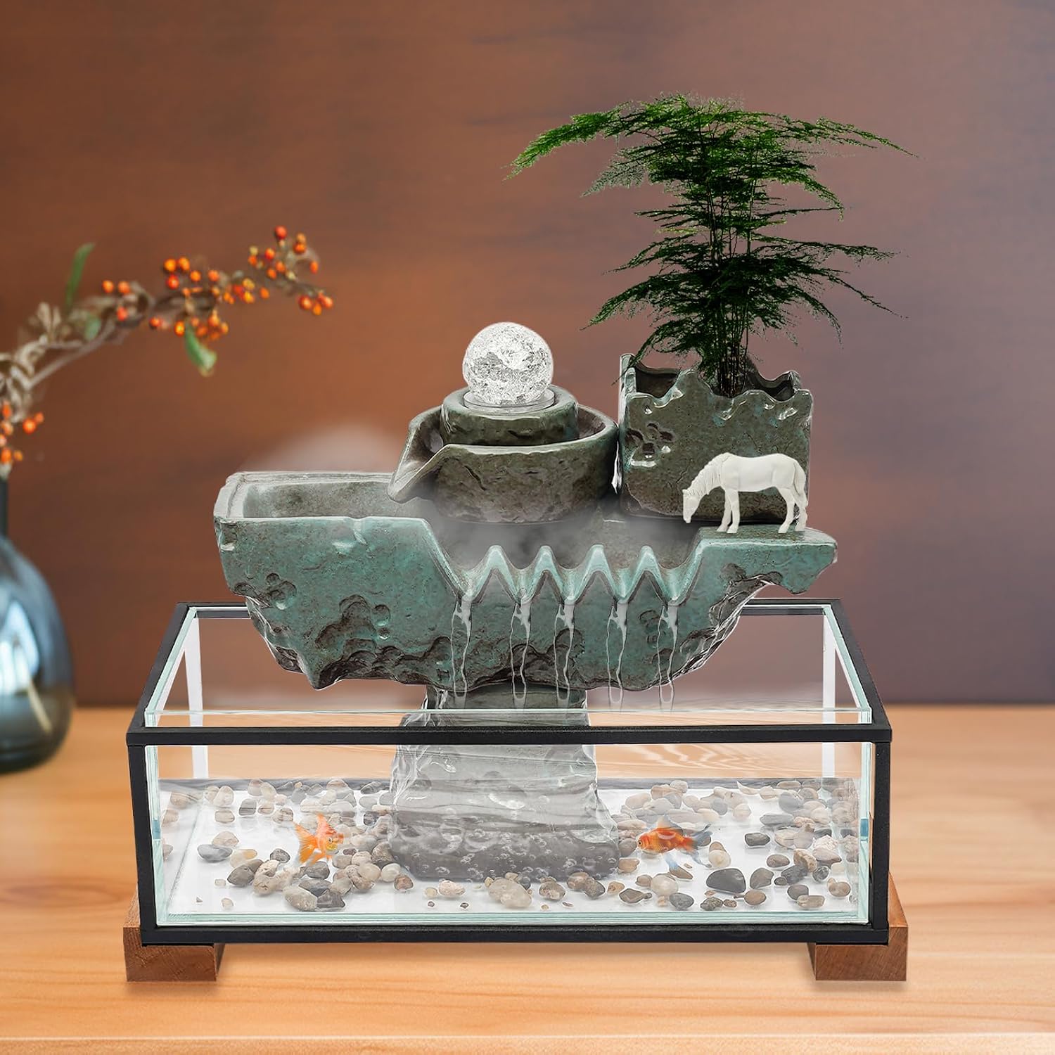 24V 3W Tabletop Eco Fish Tank -Indoor Relaxation Desktop Fountain w/Mist, LED, Artificial Stone Mountain for Meditation and Décoration for Good Luck Wealth