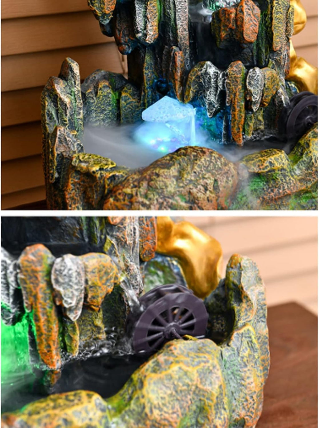 Desktop Fountain Tabletop Water Fountain, Indoor Waterfall with Mist Maker and Resin Artificial Trees, Small Buddha Statues, Moon Sculptures for Home Office Decor