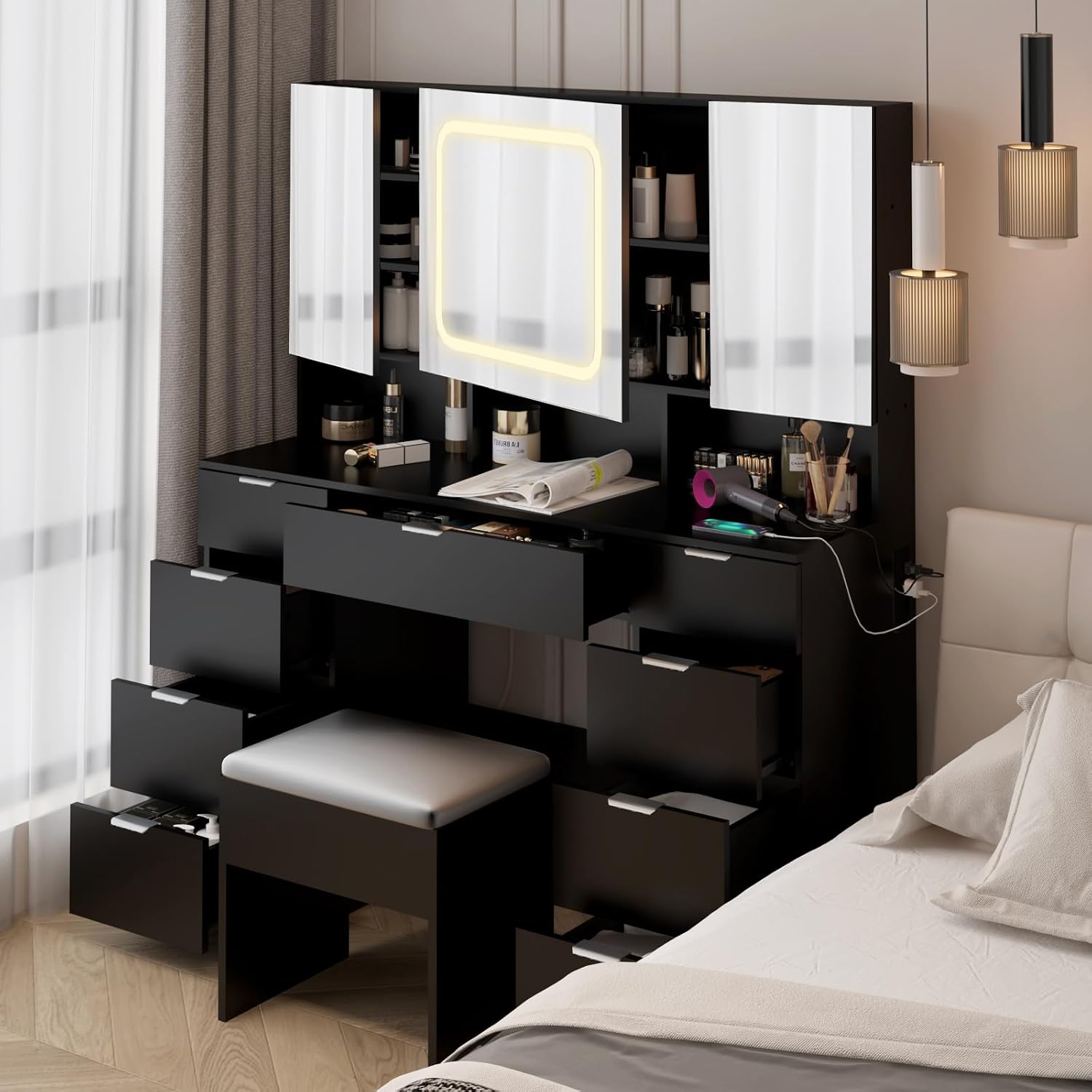 VINGLI 47'' Vanity Desk with LED Lighted Large Mirror & Cushioned Stool, Makeup Set with 3 Mirrored Cabinets & Lighting in 3 Colors & 9 Drawers & Charging Station for Bedroom, Black