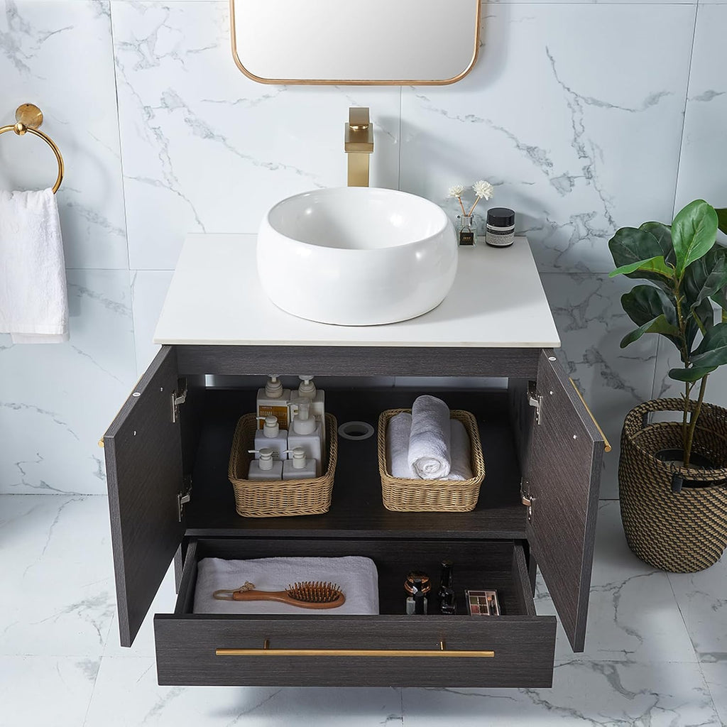 30' Bathroom Vanity, Black Bathroom Cabinet Combo, Modern Sink Vanity Set, Round Countertop Sink, 2 Doors 1 Drawer
