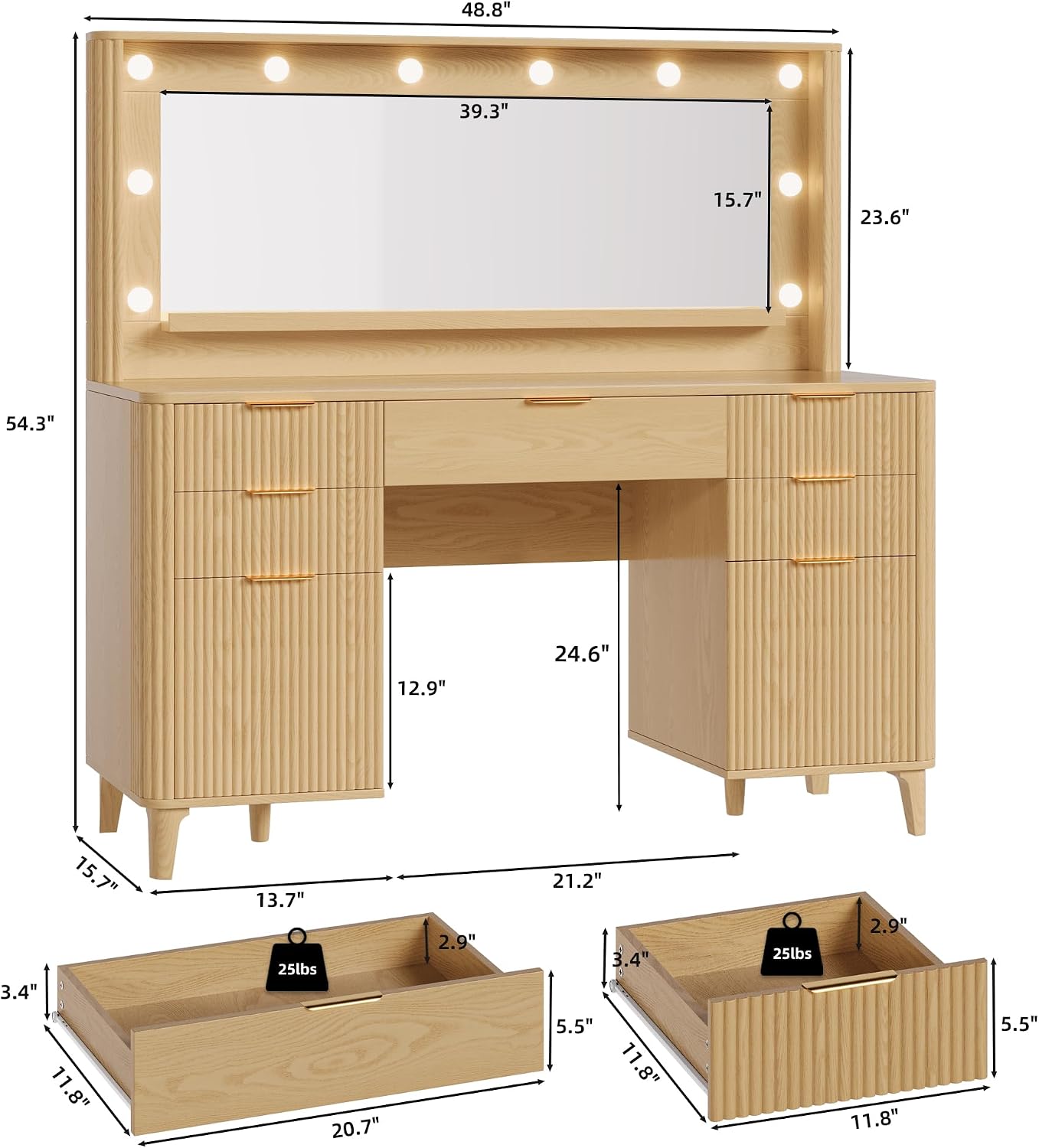 Fluted Makeup Vanity Desk with Large 39.3' Mirror and Lights, 48.8' Wood Vanity, Large Vanity Dressing Table, Modern Wooden Vanity Table for Women and Girls, Bedroom or Dorm (Nature)