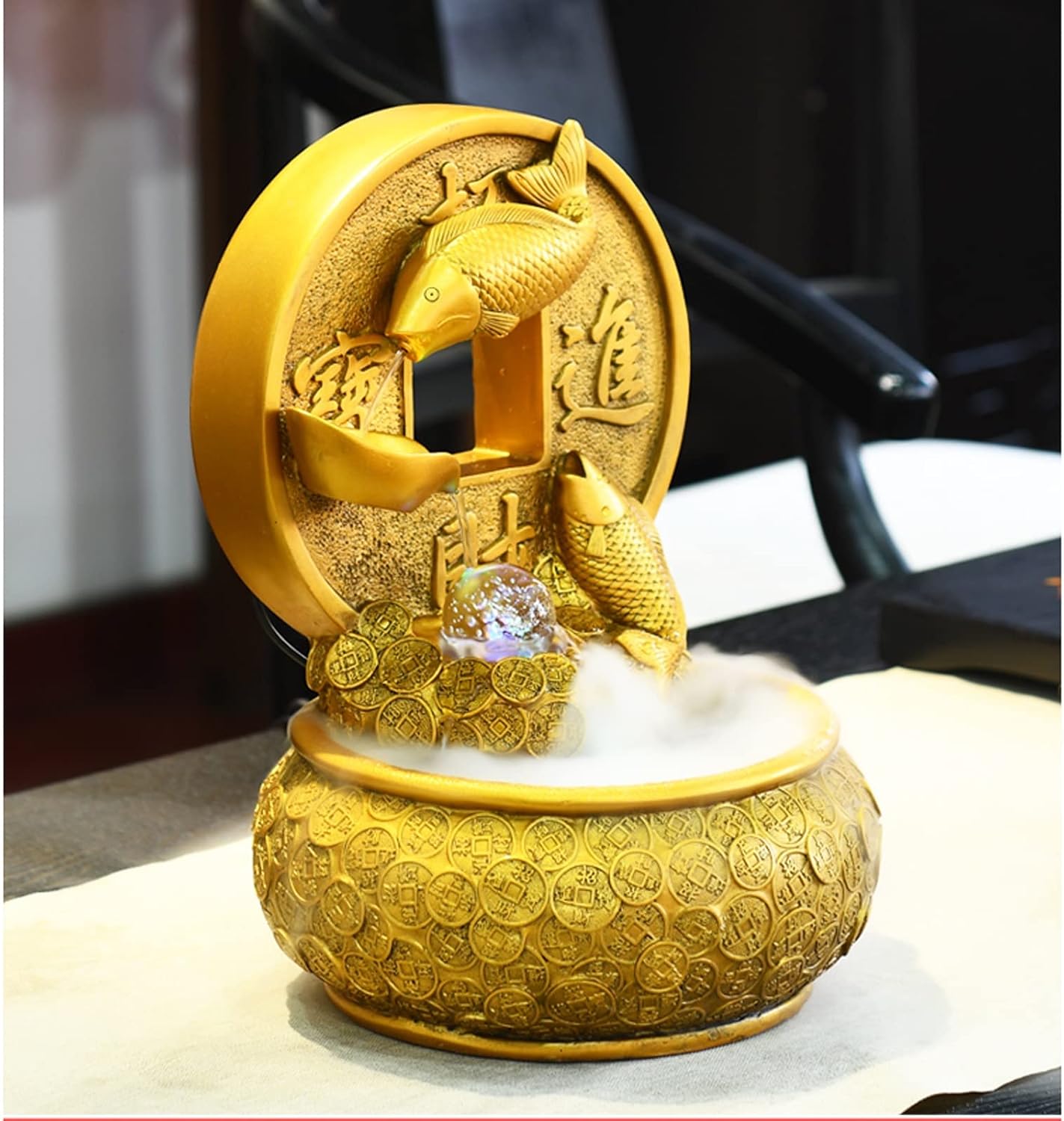 Tabletop Fountain Desktop Fountain Waterfall Decoration with Rotating Decorative Ball Golden Koi Fish Tabletop Fortune and Good Luck Meditation for Office Living Room Craft(Small)