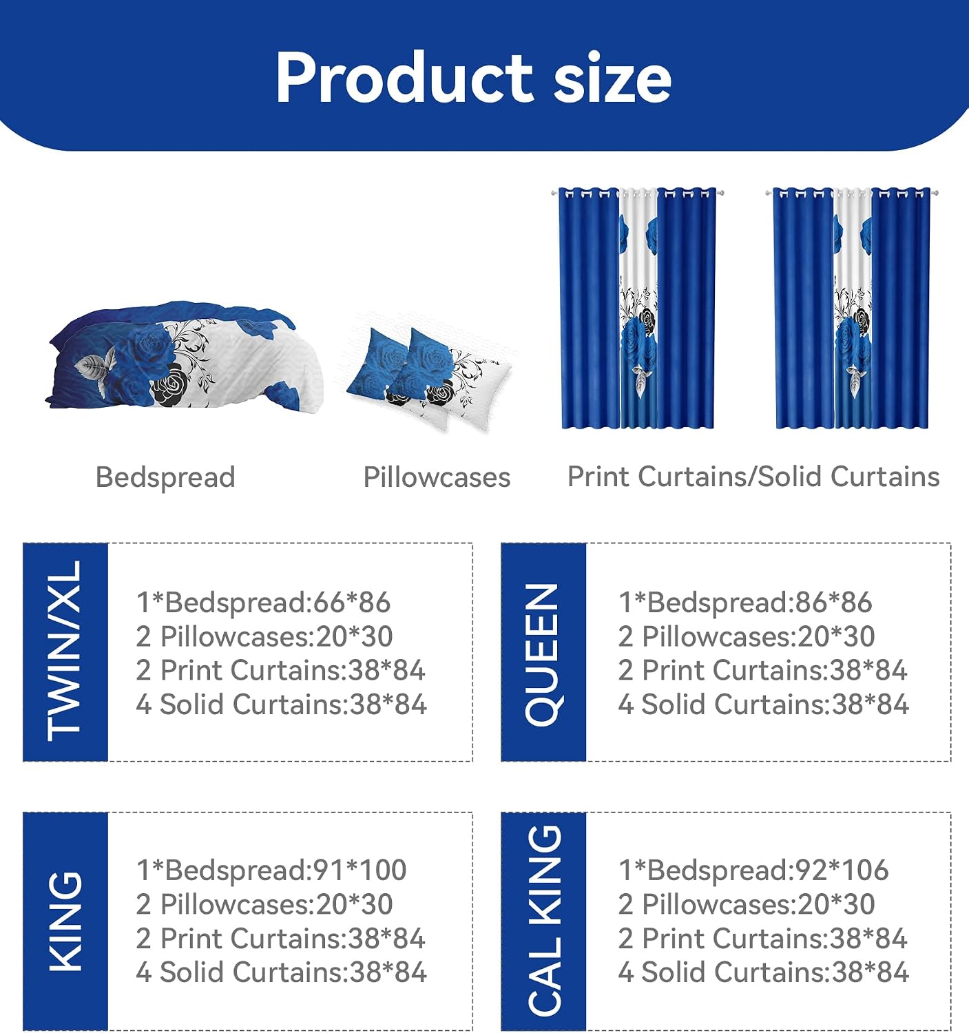 9-Piece Queen Microfiber Bedspreads with Matching Curtains | Blue Rose Matching Curtains and Bedding Sets | Luxe Floral Design