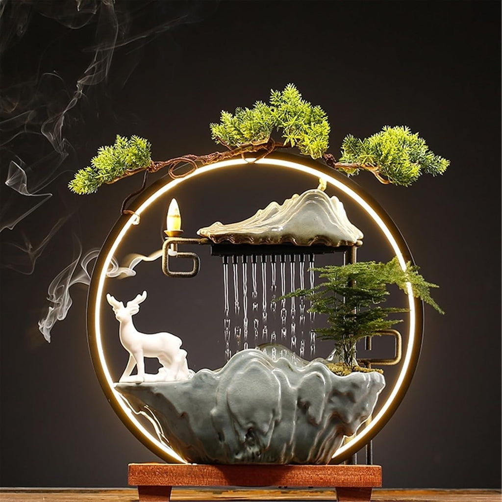 Tabletop Fountain Chinese Ceramic Waterfall Fountain Indoor with LED Light Ring and Backflow Incense Burner Holder