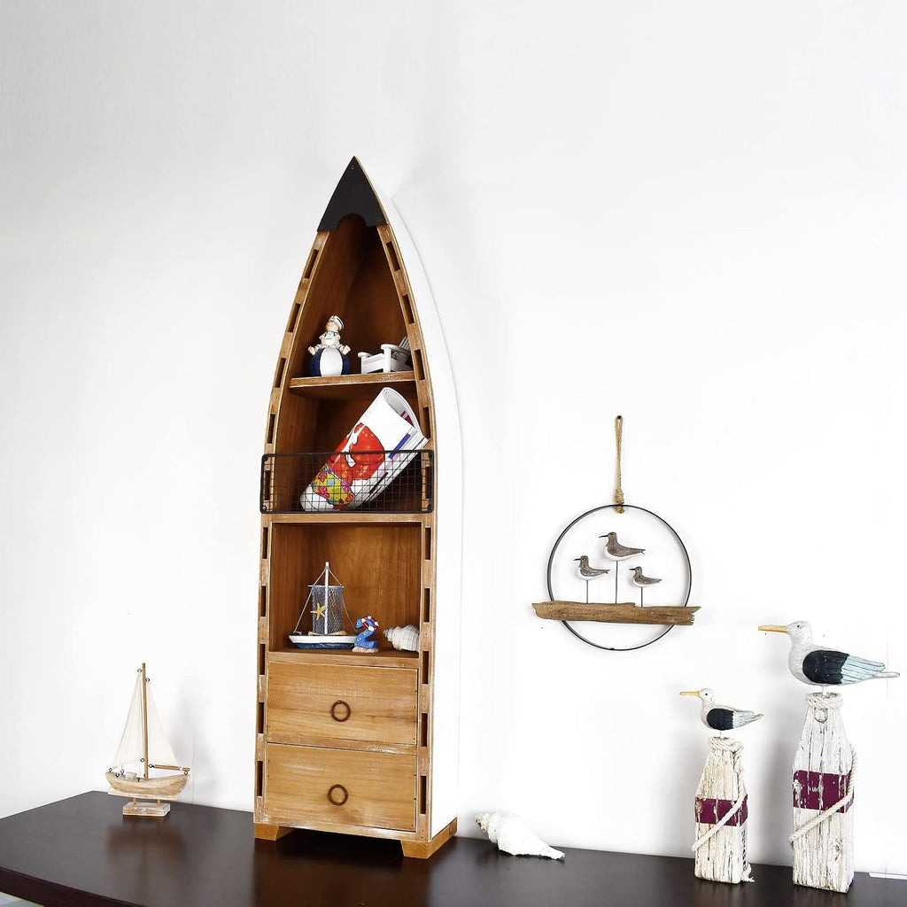 Morning View Wood Boat Cabinet, Rustic Nautical Decor, 2 Shelves & 2 Drawers, 45.3 Inch