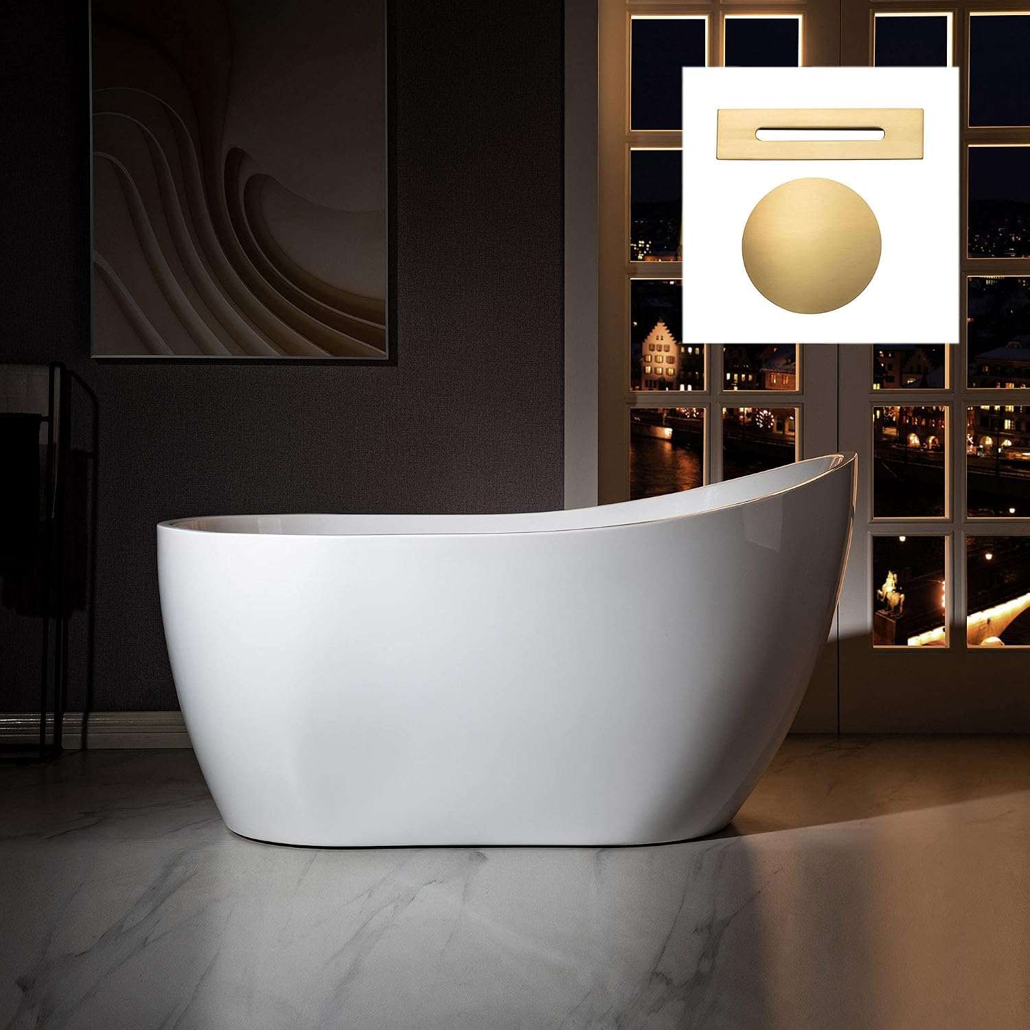 WOODBRIDGE 54' Acrylic Freestanding Bathtub Contemporary Soaking White Tub with Brushed Gold Overflow and Drain，BTA1507 -BG-Drain &O