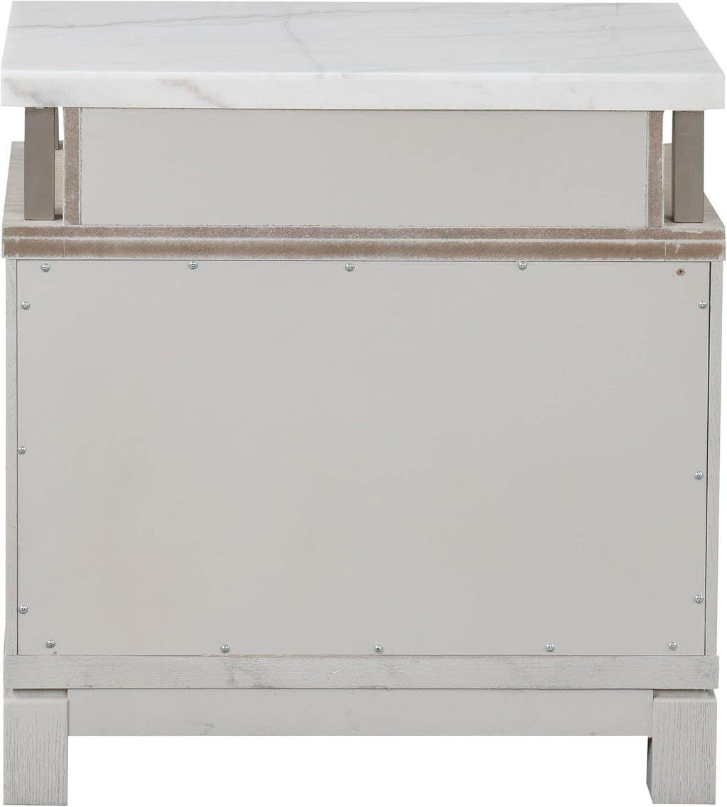 Furniture of America Bailer Modern Solid Wood 5-Piece Bedroom Set with LED on Headboard, Stainless Steal Posts and Marble Top on Nightstand, Box Spring Needed, Queen, Weathered Gray
