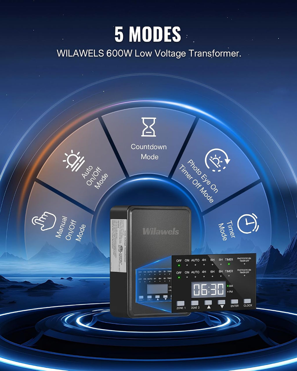 600W Low Voltage Landscape Transformer, 2 Zone Independent Control 120VAC to 12/14V AC Low Voltage Transformer, Landscape Lighting Transformer with Timer & Photocell Sensor ETL Listed D20LT06