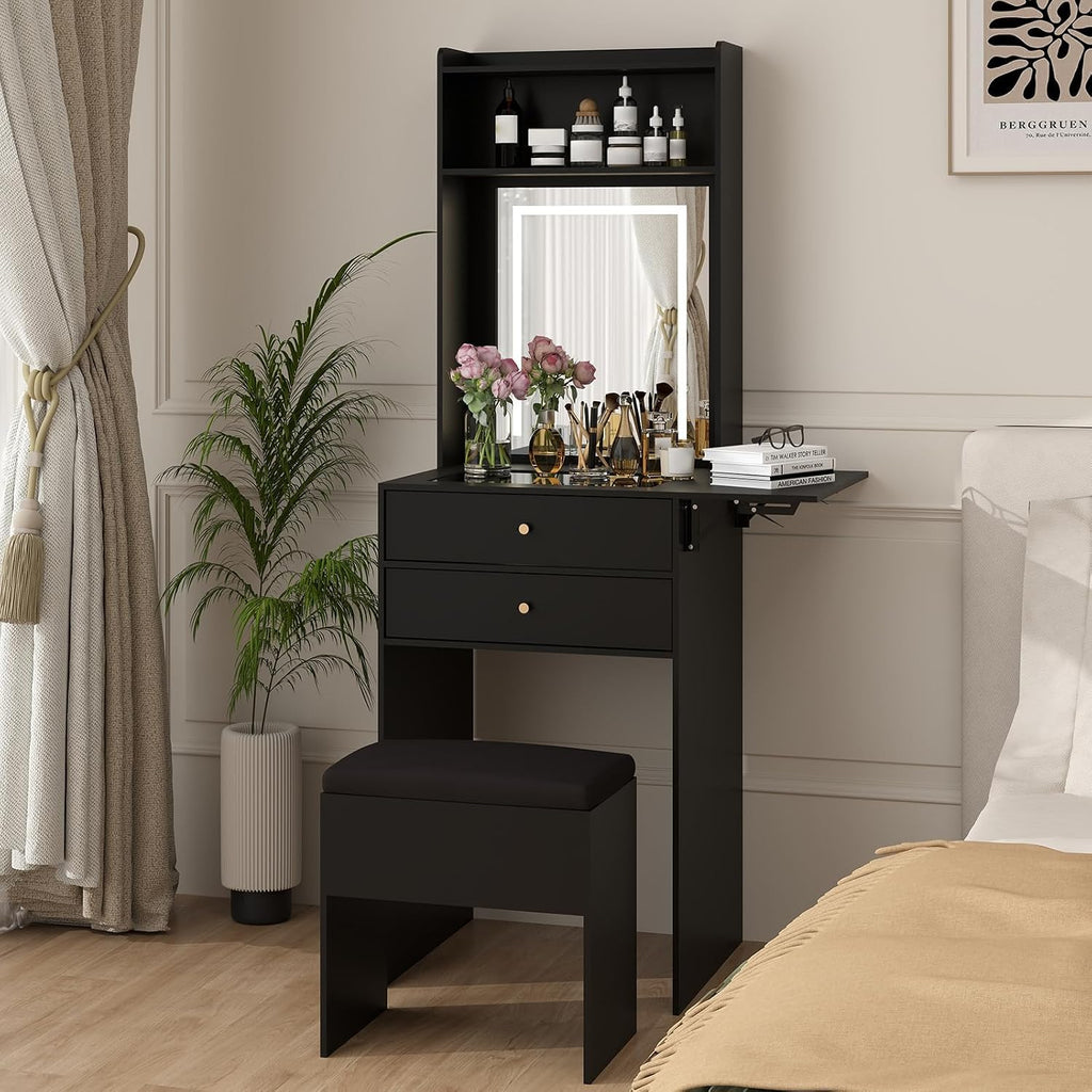 ARTETHYS Small Vanity Desk Set with 3 Adjustable Lighted Mirror and Storage Chair Mini Black Makeup Vanities Set for Bedroom Compact Make up Dressing Table with Fold-up Panel for Tiny Space