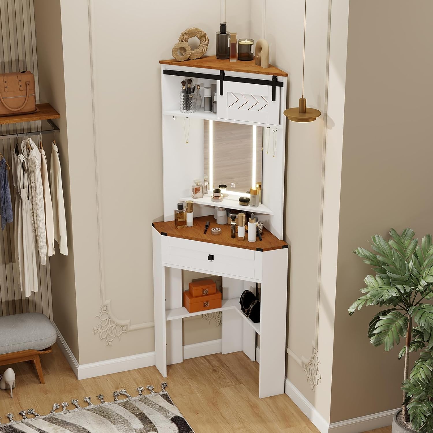 ARTETHYS Small Vanity Desk Set with Lights and Mirror Makeup Vanities with Drawers for Corner Space White Farmhouse Make up Dressing Table with Storage Stool for Bedroom