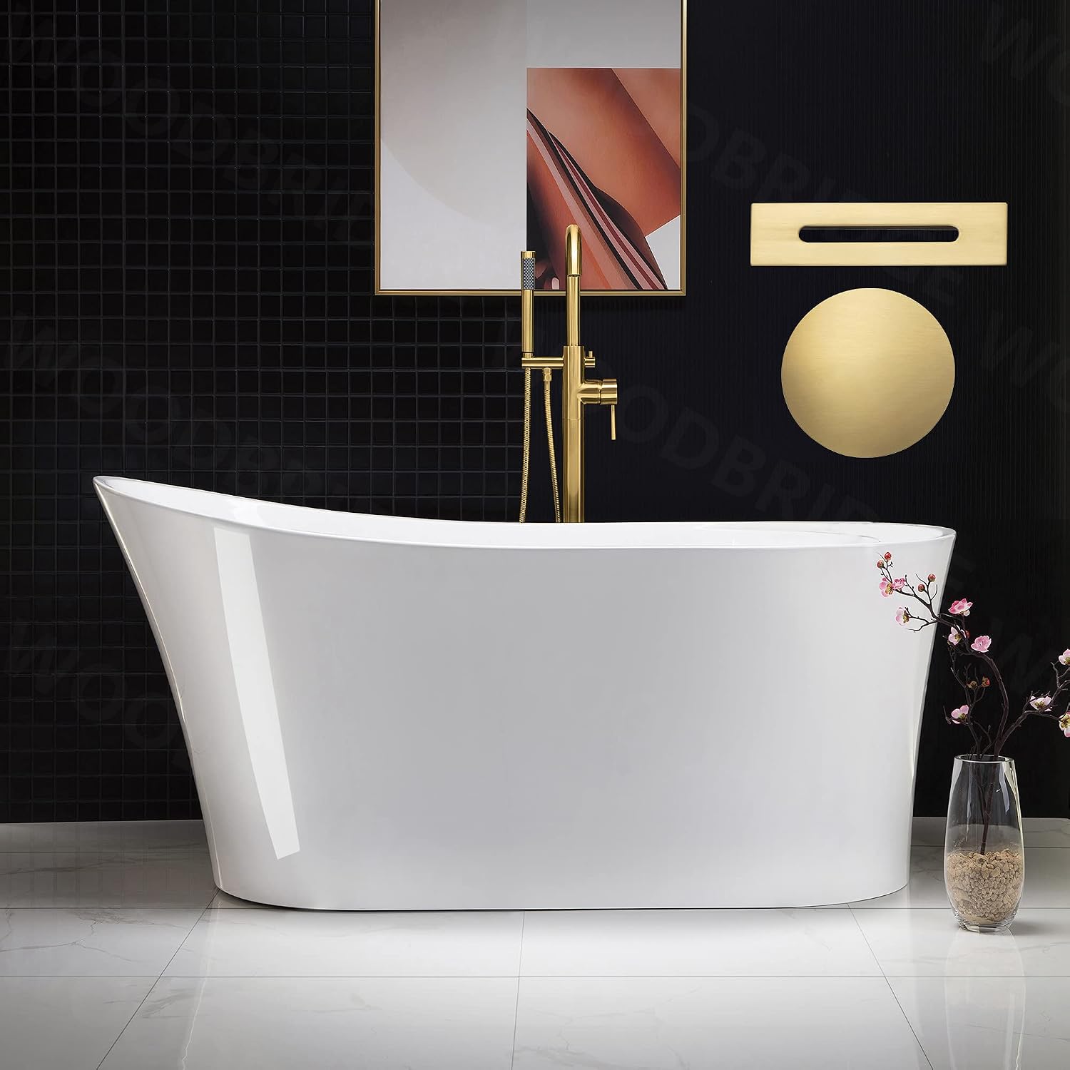 WOODBRIDGE 59' Acrylic Freestanding Bathtub Contemporary Soaking White Tub with Brushed Gold Overflow and Drain，B0083-BG-Drain&O