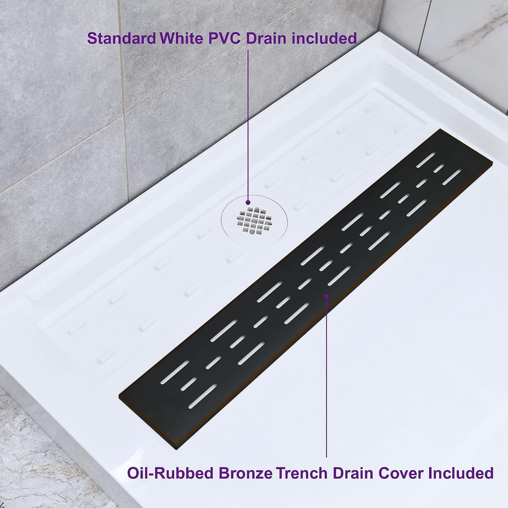 WOODBRIDGE Solid Surface Shower Base with Recessed Trench Side Including Oil Rubbed Bronze Linear Drain Cover L x W x H, 60'L x 30'Wx 4'H,Right Drain,White Color