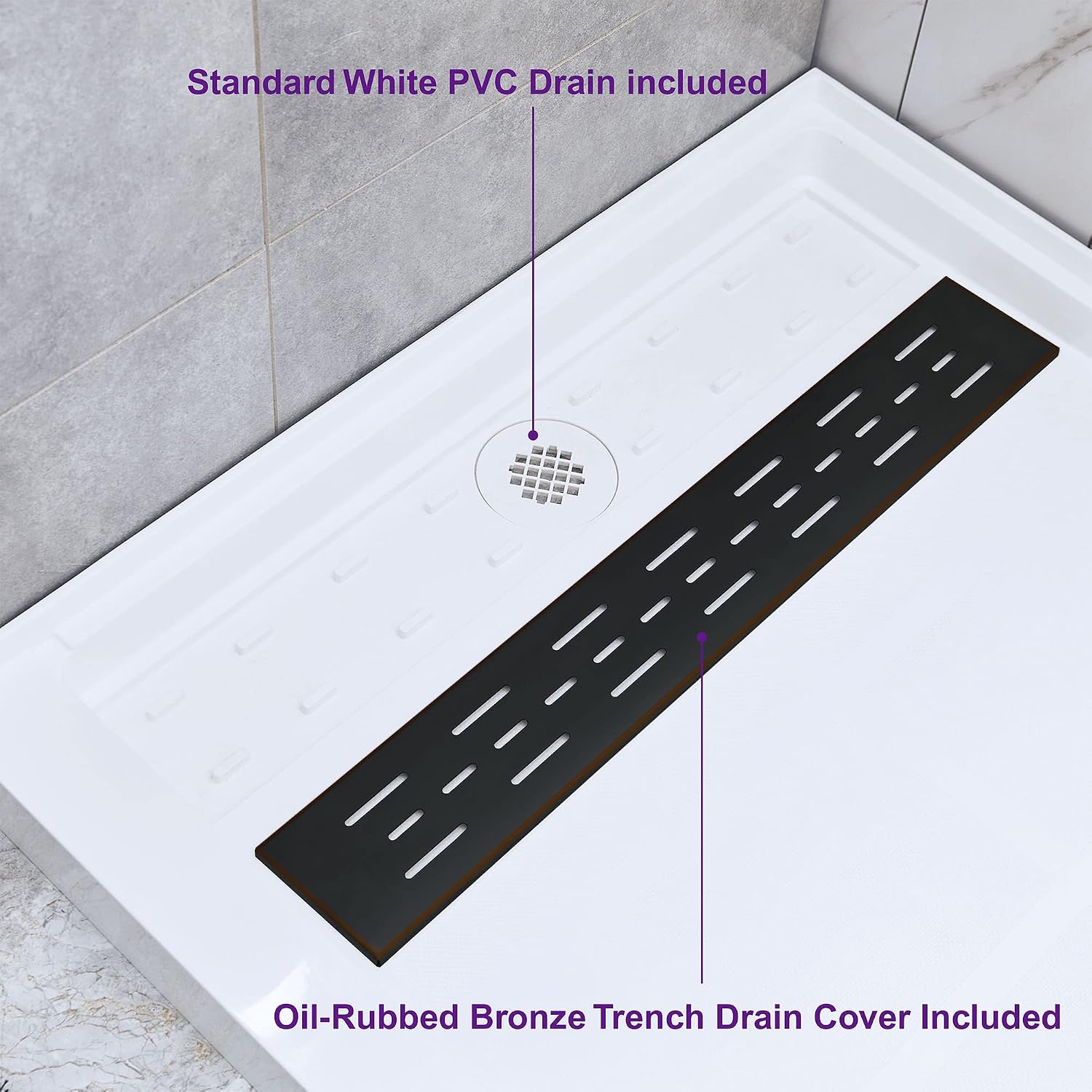 WOODBRIDGE Solid Surface Shower Base with Recessed Trench Side Including Oil Rubbed Bronze Linear Drain Cover L x W x H, 60'L x 30'Wx 4'H,Right Drain,White Color
