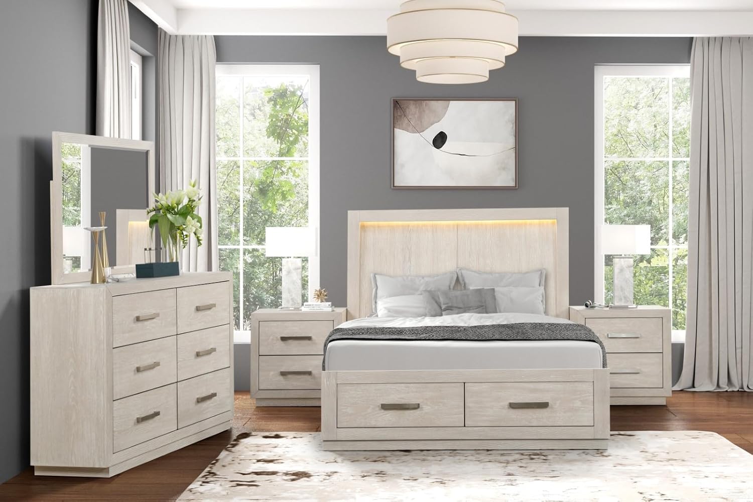 MASARA 3-Piece Transitional Bedroom Set, Light Gray Oak Veneer, Queen or King Size with 2 Nightstands, Engineered Wood Construction (King)