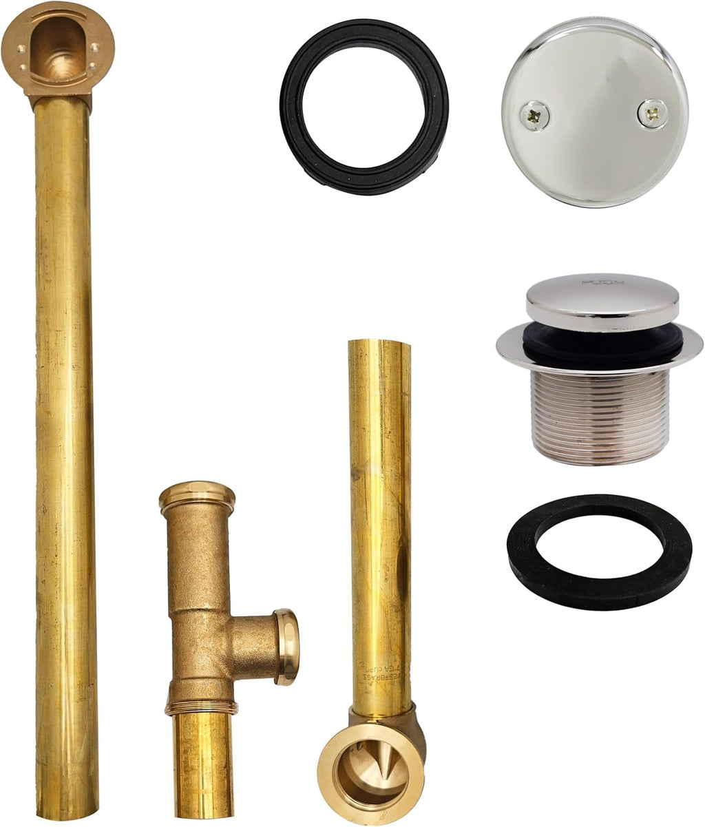 Westbrass A326-05 22-1/2' Brass Bath Waste & Overflow Assembly with Tip-Toe Drain Plug and 2-Hole Faceplate, Polished Nickel
