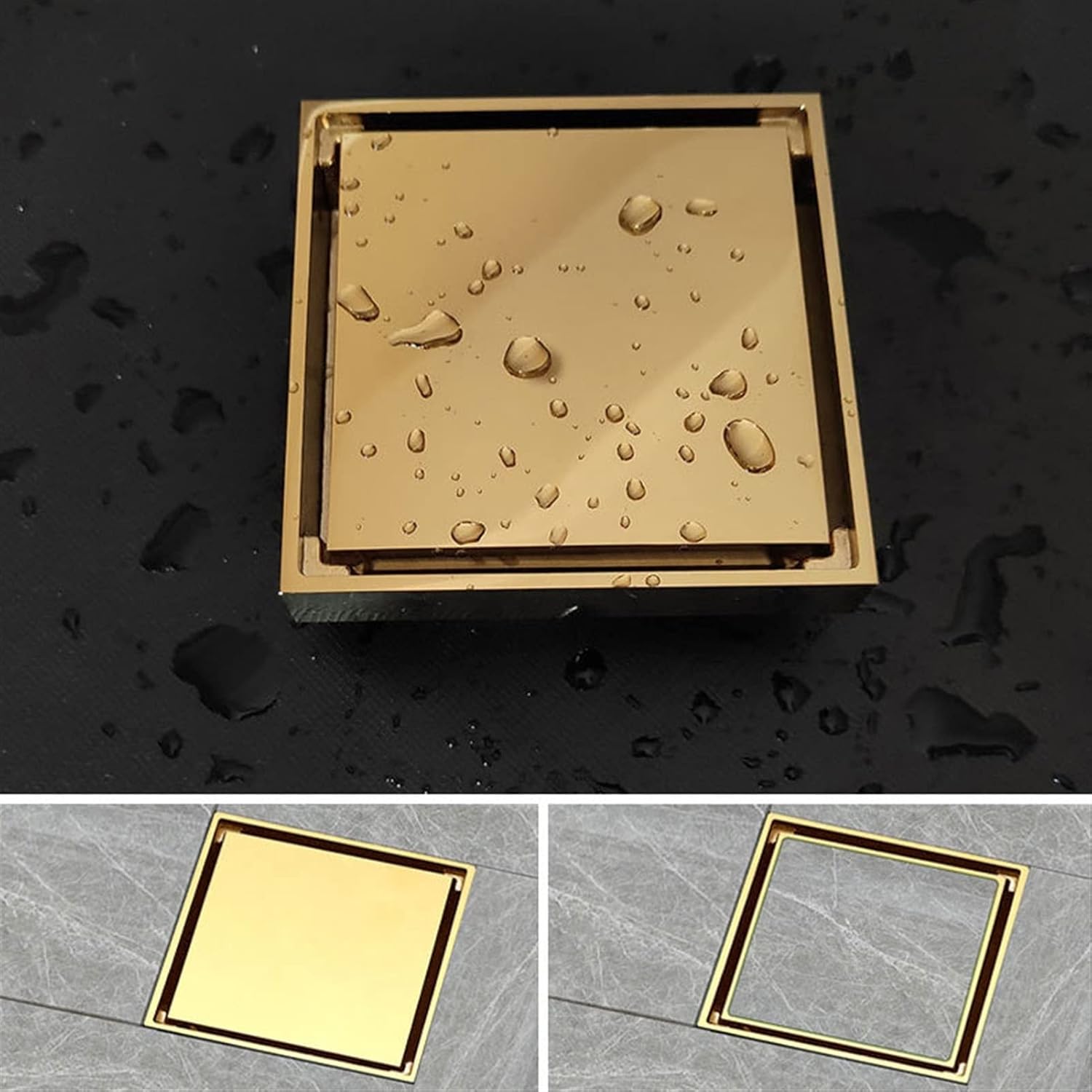 4 Inch Invisible Shower Floor Drain Brass Shower Drain with Tile Insert Grate Removable Cover Hair Catcher Strainer, Square Floor Drainer with Hair Strainer for Kitchen Washro,Gold