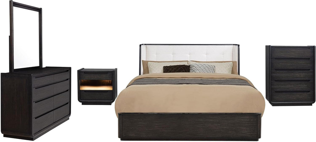 Coaster Home Furnishings - Leandro - Wood - 5-Piece Bedroom Set with Wingback Design, Tufted Detail and Recessed Pulls - Bedroom - Queen Size - Burnished Black - 222491Q-S5