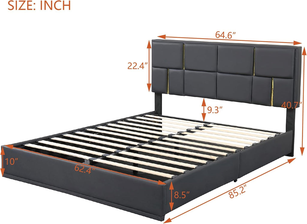 Queen Size Hydraulic Lift Up Storage Bed Frame with Storage Bench, PU Upholstered Platform Beds with Headboard, Two Piece Bedroom Sets, Wooden Slats Support, No Box Spring Needed (Black)