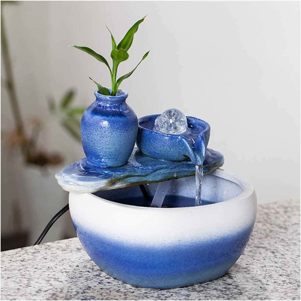Desktop Fountain Indoor Tabletop Fountain Ceramic for and Home Decoration, Blue and White Gradient Color