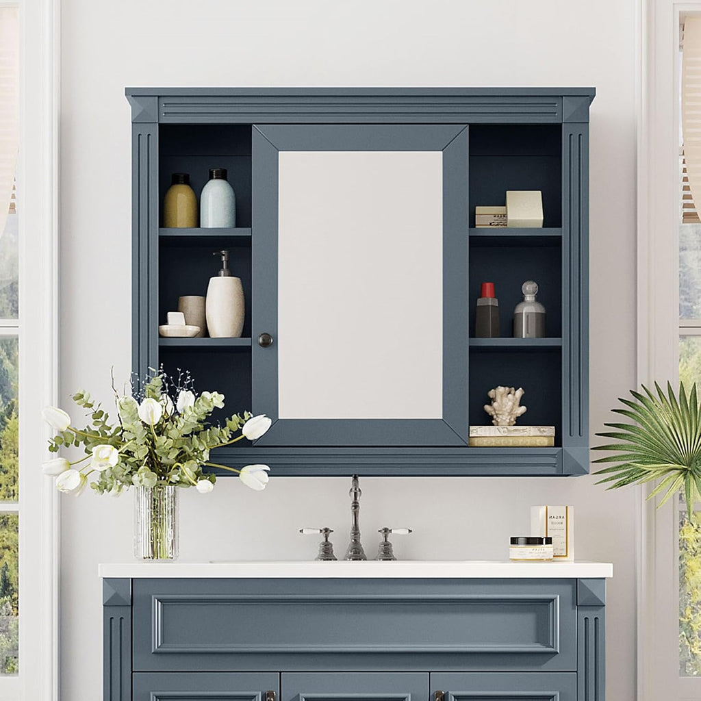 Merax Medicine Cabinet with Mirror, Wall Mount Bathroom Cabinet 35' x 28' Over Toilet Storage Cabinet Organizer with Door and Open Shelves, Mirrored Bathroom Wall Cabinet