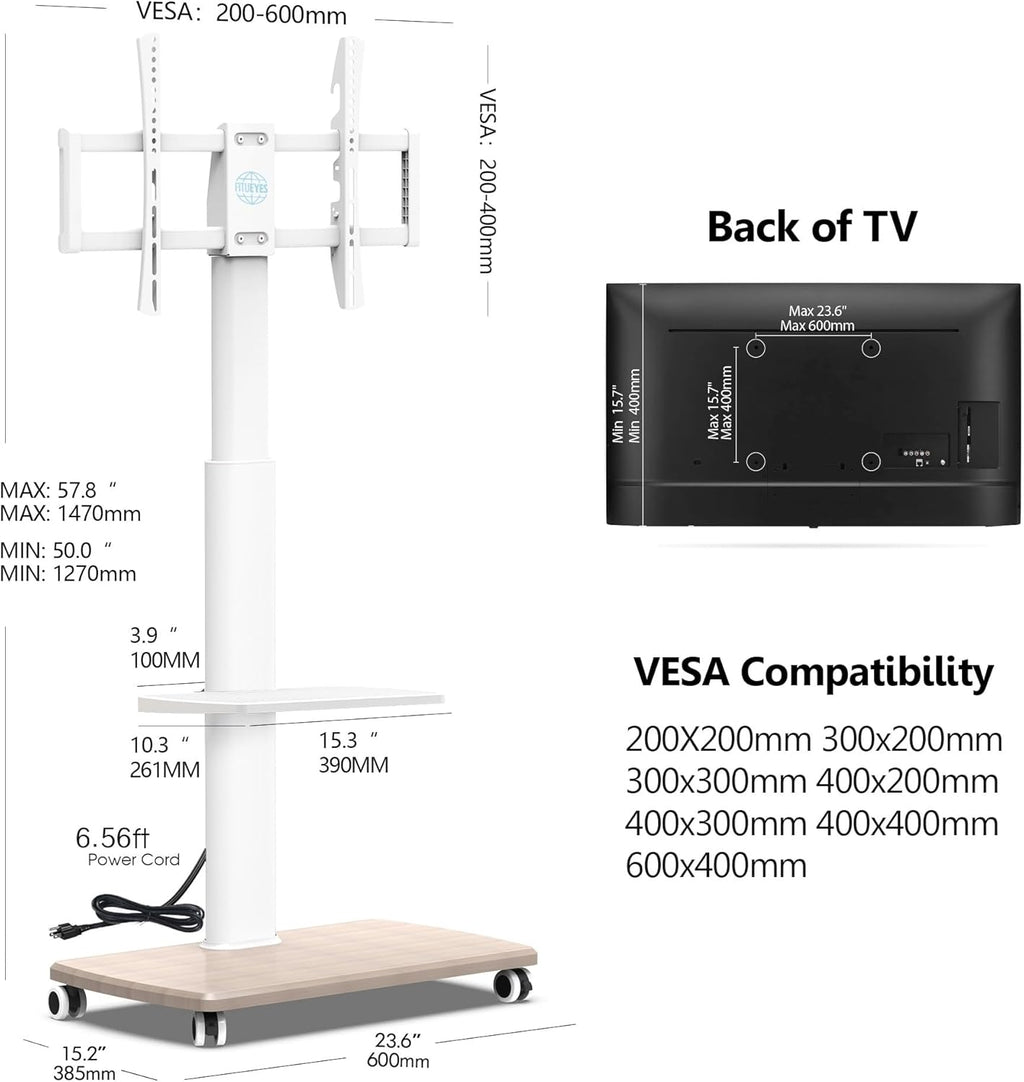 FITUEYES Rolling TV Stand with Power Outlets, Swivel Portable TV Stand for 32-70 Inch LCD LED OLED Flat/Curved Panel Screen TVs, Height Adjustable&Wood Base, Mobile TV Cart with Shelf