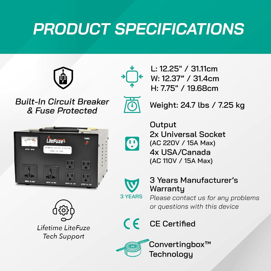 LiteFuze 5000 Watt Voltage Transformer Converter with Builtin Regulator - Step Up/Down - 110V/220V - Circuit Breaker Protection [5-Years Warranty]