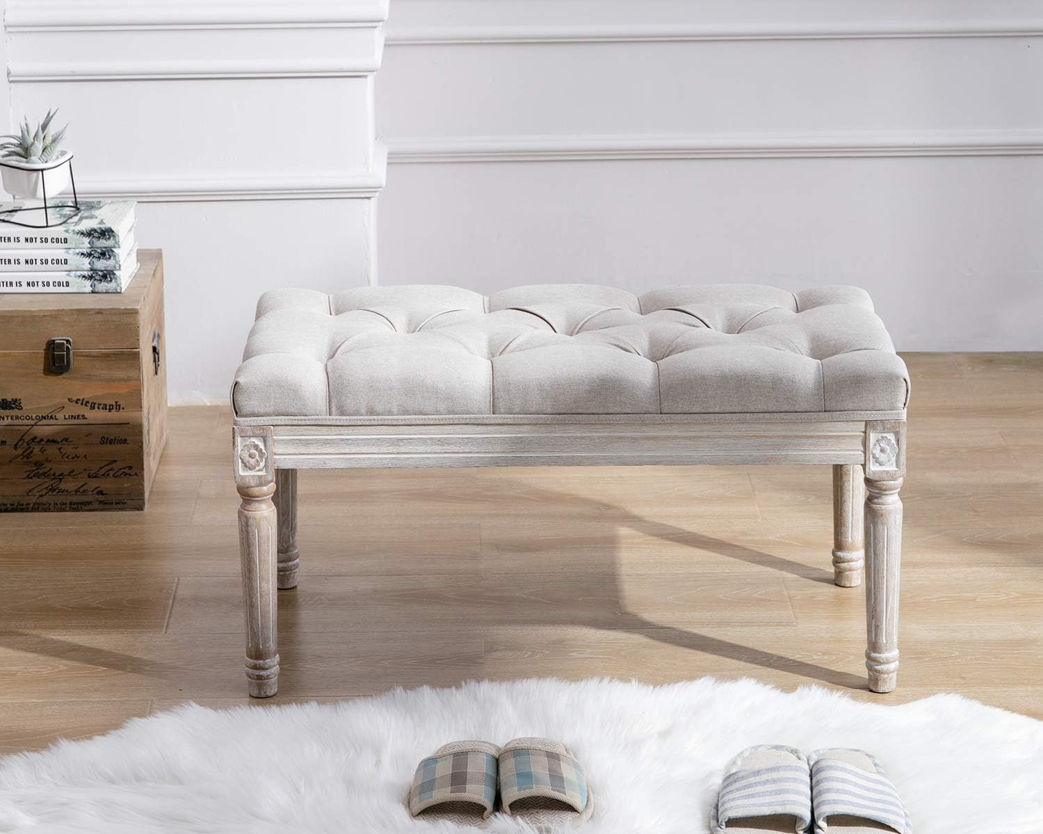 Kmax Tufted Entryway Bench, Upholstered Rustic Ottoman Bench, 31.5' x 15.75' x 15.7' Beige