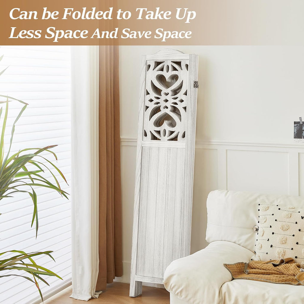 Wood Room Divider 4 Panel 5.6Ft Carved Room Divider and Folding Privacy Screen, Minimalism Portable Partition Screen Divider for Room Separation, Room Decoration for Home Office - White