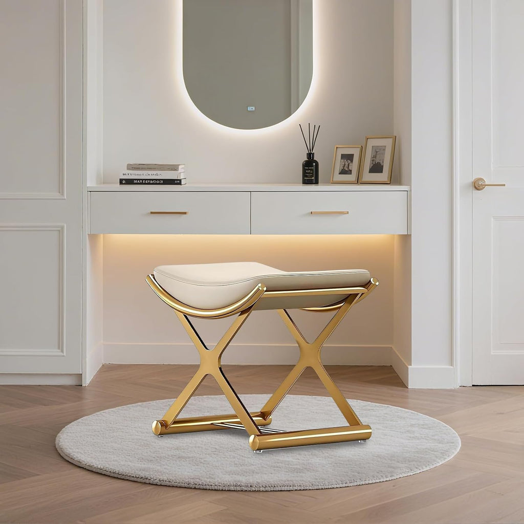 Modern Vanity Stool - Gold Leather Makeup Chair with X-Legs, Backless Ottoman Bench for Bathroom, Living Room & Bedroom Decor